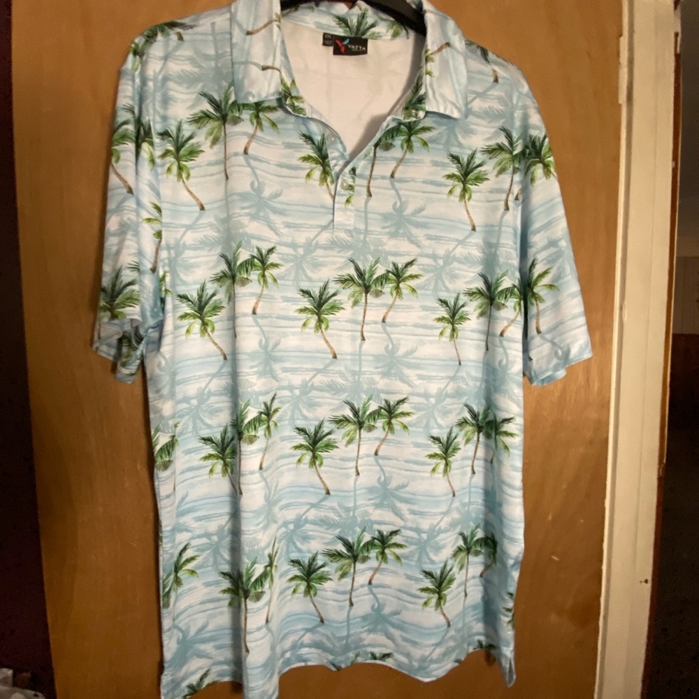 Blue and Green Polo Shirt with Tropical Palm Tree Design